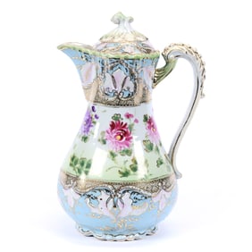 Chocolate Pot, Unmarked Nippon Style, Blue, Green and White Tones, Floral Decor