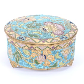 Covered Box, Nippon Wreath Mark, Enamel Floral Decor, Blue Orange Peel Finish