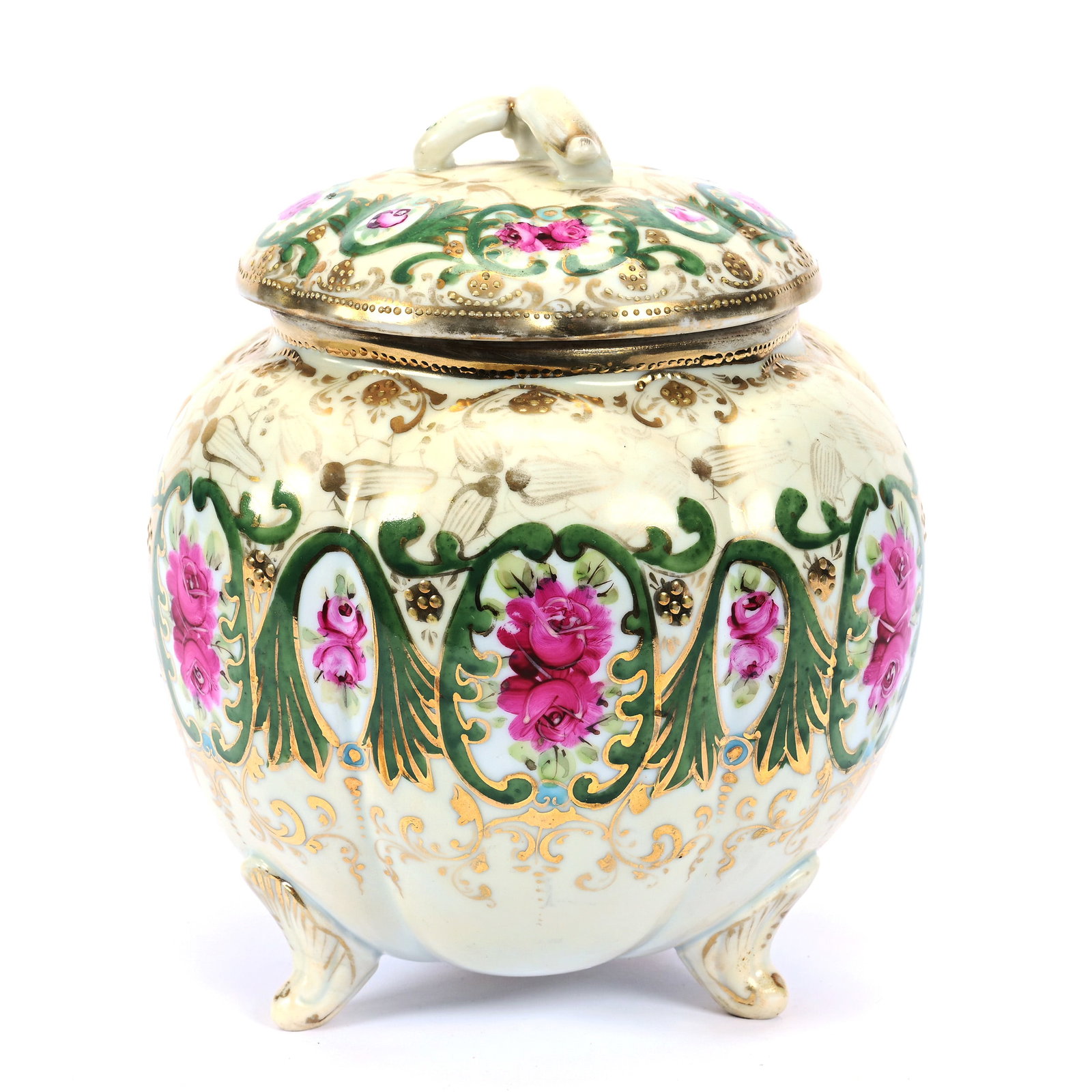 Footed Biscuit Jar, Nippon Maple Leaf Mark, Yellow and Green Tones, Pink Rose Decor (1 of 3)