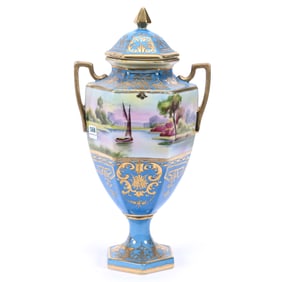 Pedestal Covered Urn, Two Handles, Nippon Maple Leaf Mark, Blue, Sailboat Scenic Decor