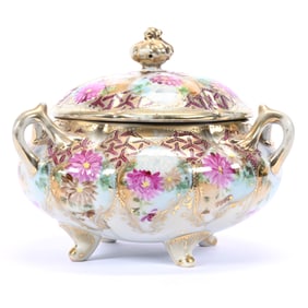 Footed Cracker Jar, Three Handles, Marked Nippon In Block Letters, Blue and Yellow Tones, Red Border