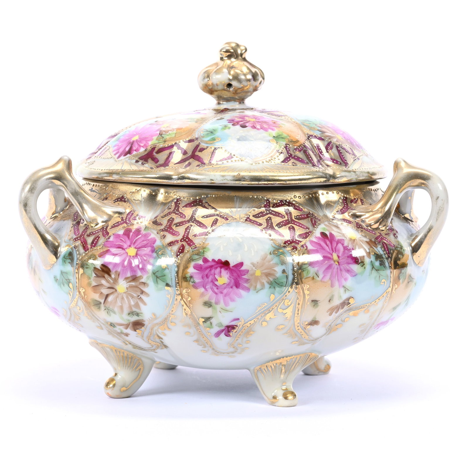 Footed Cracker Jar, Three Handles, Marked Nippon In Block Letters, Blue and Yellow Tones, Red Border (1 of 3)