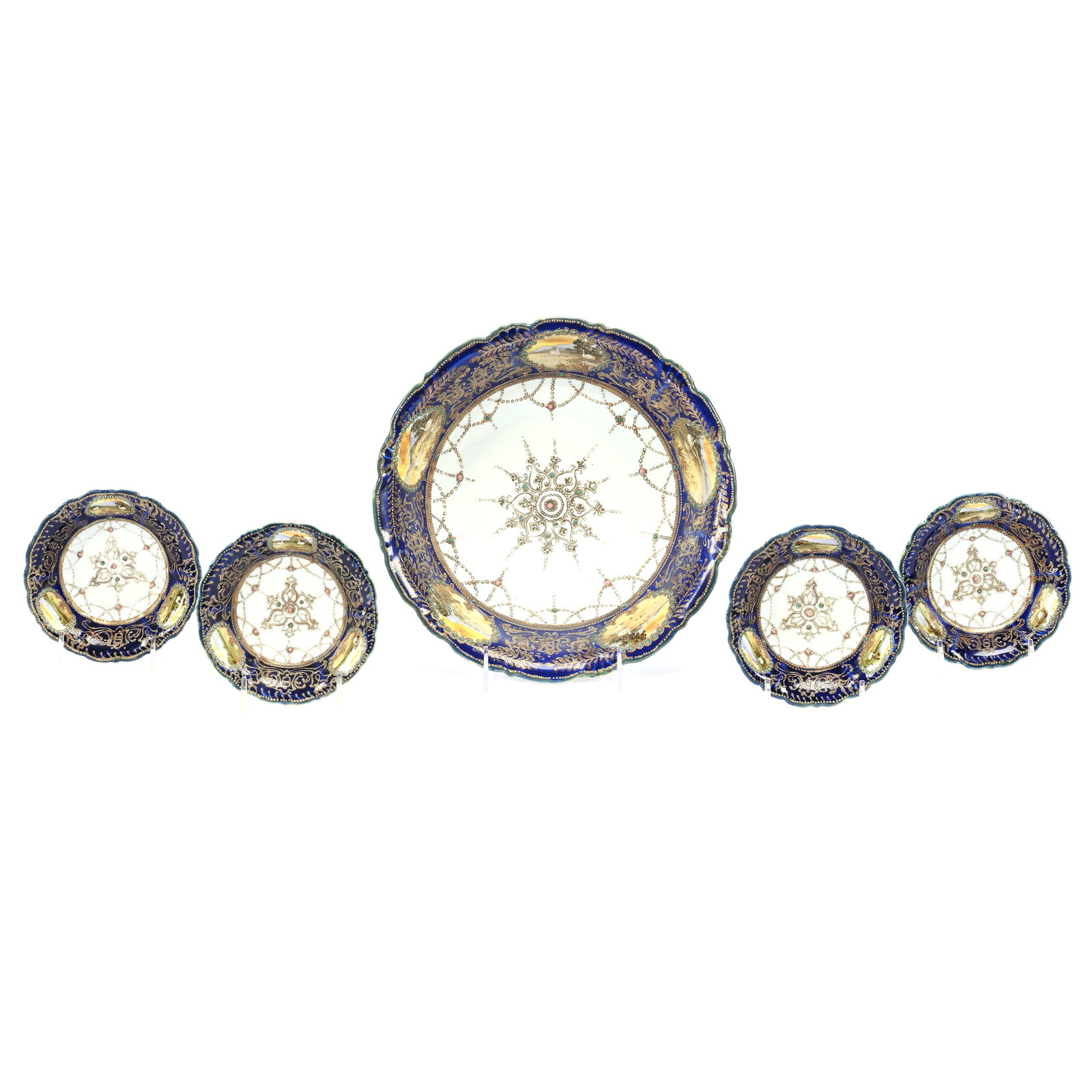 Berry Set, Nippon Maple Leaf Mark, White Center, Cobalt Blue Border, Swan On Lake Scenic Medallion (1 of 5)