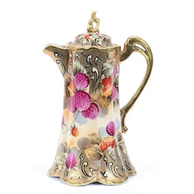 Chocolate Pot, Nippon Maple Leaf Mark, Cream Tones With Colorful Fruit Decor