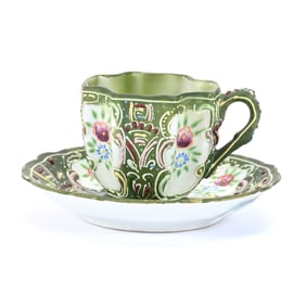 Demitasse Cup and Saucer, Marked Ardalt Japan #6326, Green With Floral Decor