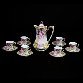 Chocolate Set, Nippon Maple Leaf Mark, Green, Yellow and White Tones, Pink Floral Decor