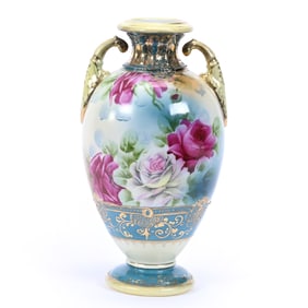 Pedestal Vase, Two Handles, Unmarked Nippon Style, Blue and Yellow Tones, Pink Rose Decor