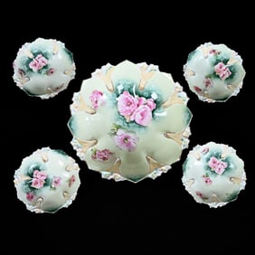Berry Set Marked R.S. Prussia, Green Tones, Pink Poppy Decor, (1) 10.25" Master Bowl