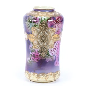 Vase, Nippon Maple Leaf Mark, Lavender Ground, Vintage Decor, Gold Enamel Highlights