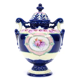 Pedestal Covered Urn, Two Handles, Unmarked Nippon Style, Colorful Floral Medallion Decor