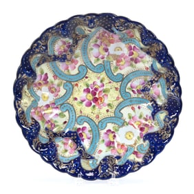 Bowl, Unidentified Blossom Mark, Blue, Yellow and White Tones, Pink Floral Decor