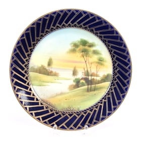 Plate, Nippon Wreath Mark, Field Scenic Decor, Cobalt Blue Border, Gold Highlights