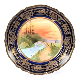 Plate, Nippon Wreath Mark, Bridge and Creek Scenic Decor, Cobalt Blue Border, Nice Gold Highlights