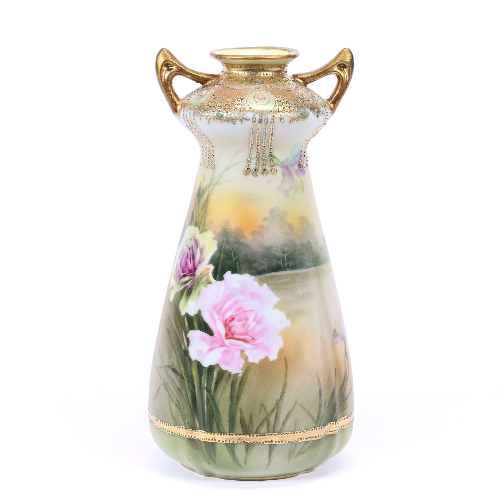 Vase, Two Handles, Nippon Maple Leaf Mark, Green and Yellow Tones, Rose Decor (1 of 5)