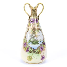Vase, Two Handles, The Yamato Nippon Mark, Green and Yellow Tones, Violet Decor