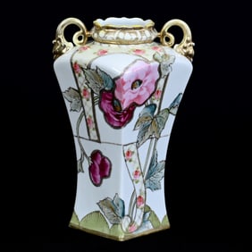 Square Vase, Two Handles, Imperial Nippon, White With Pink Blossom Decor, Gold Trim Highlights