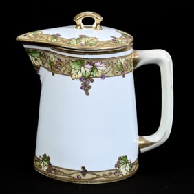 Covered Pitcher, Nippon Wreath Mark, White With Colorful Vintage Border Decor