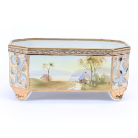 Footed Ferner, Nippon Wreath Mark, Lake And Field Scenic Decor, Gold Trim Highlights