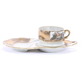 Snack Set Cup and Saucer, Nagoya Shofu Nippon Mark, White With Cottage and Sailboat Scenic Decor