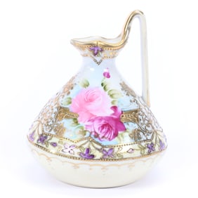 Ewer, Unmarked Nippon Style, Cream and White Tones, Pink Rose Decor, Gold Trim Highlights