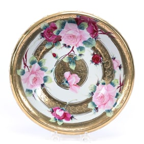 Bowl, Nippon Maple Leaf Mark, White With Pink Rose Decor and Heavy Gold Band Highlights