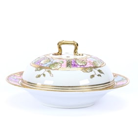 Covered Butter Dish Marked R.C. Nippon, White With Colorful Floral Border, Vine Highlights