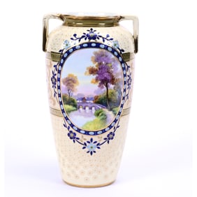 Vase, Two Handles, Nippon Wreath Mark, Medallion Scene Of Bridge and Village, Cream Background