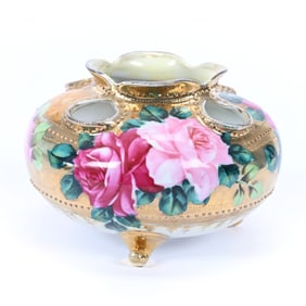 Vase, Three Feet, Nippon Maple Leaf Mark, Gold Background, Pink Rose Decor