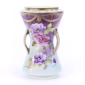 Vase, Three Handles, Imperial Nippon Mark, White and Lavender Tones, Floral Decor