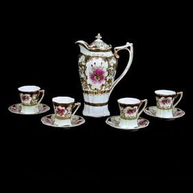 Chocolate Set, Unmarked Nippon Style, White and Green Tones, Floral Decor, Gold Trim Highlights