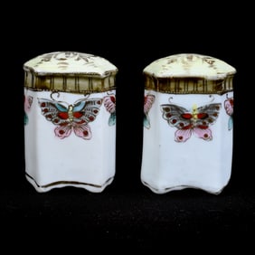 Salt and Pepper Shakers, Imperial Nippon Mark, White With Colorful Butterfly Decor