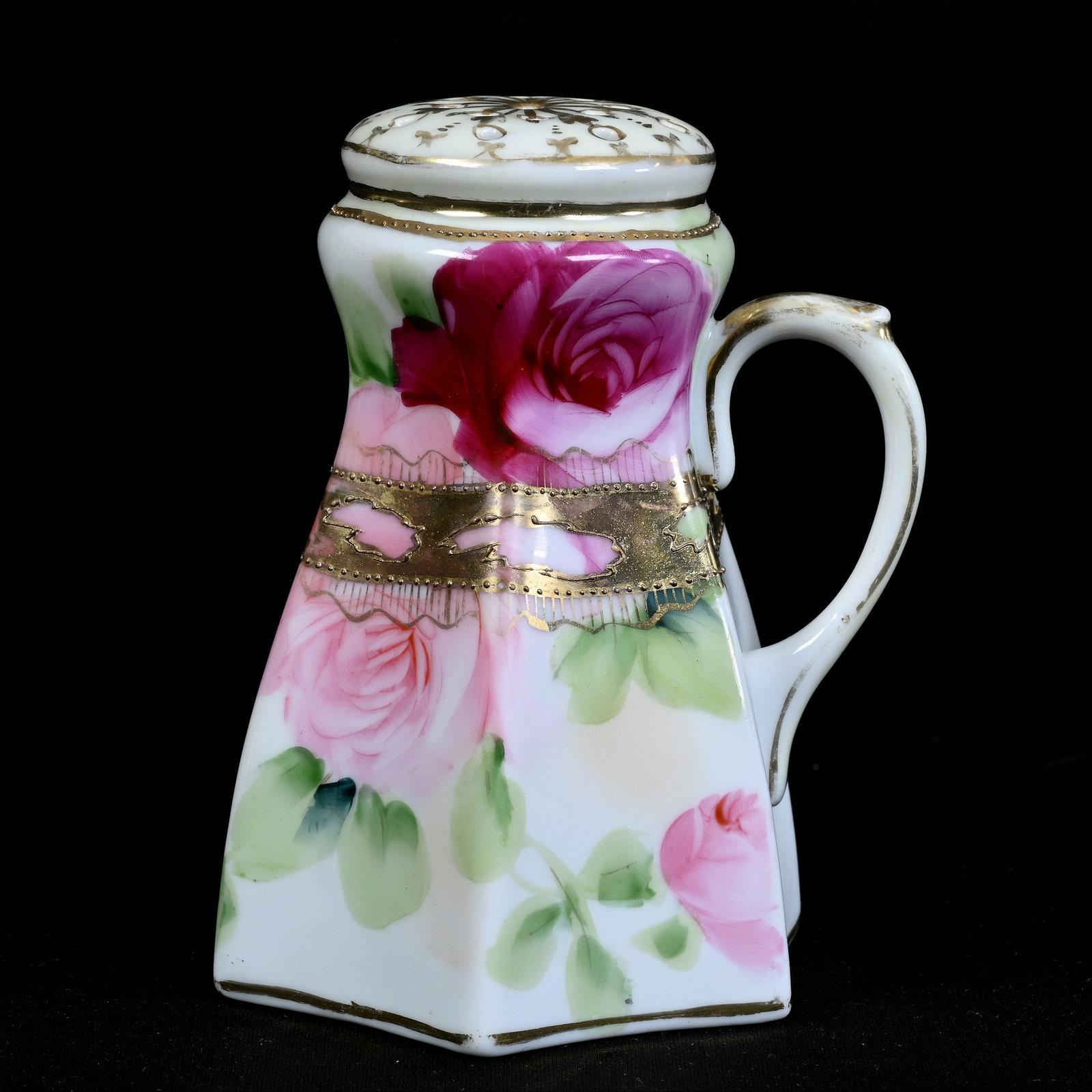 Sugar Shaker, Nippon Maple Leaf Mark, Six-Sided, White and Green Tones, Pink Rose Decor (1 of 3)