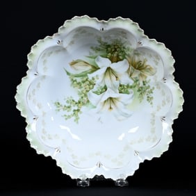 Bowl Marked R.S. Prussia, White and Green Luster Finish, Easter Lily Decor
