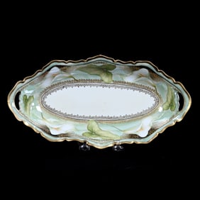 Celery Tray Marked R.S. Prussia, Cream Center, Green Luster Border, Lily Decor