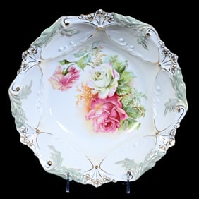 Bowl Marked R.S. Prussia, White and Green Luster Finish, Pink And White Rose Decor