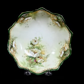Bowl, Three Feet, Marked R.S. Prussia, Yellow and Green Tones, Floral Decor