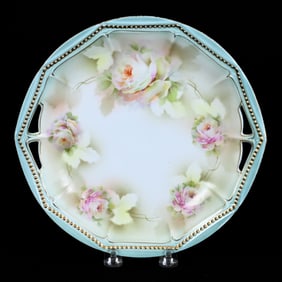 Cake Plate, P.K. Silesia Mark, Cream and Green Tones, White Rose Decor