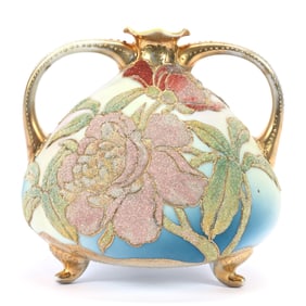 Footed Vase, Two Handles, Marked U.S. Patent Japan, Blue And Yellow Tones, Coralene Rose Decor