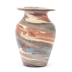 Novelty Vase, Niloak Pottery With Double Stamped First Art Mark, Mission Swirl