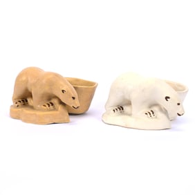(2) Figural Castware Polar Bear Planters, Niloak Pottery Raised Relief Mark