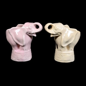 (2) Figural Elephant Glazed Castware Planters, Niloak Pottery, (1) Pink, (1) White