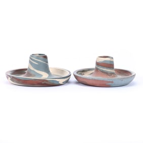 Pair Candlesticks, Niloak Pottery Second Art Mark, Mission Swirl