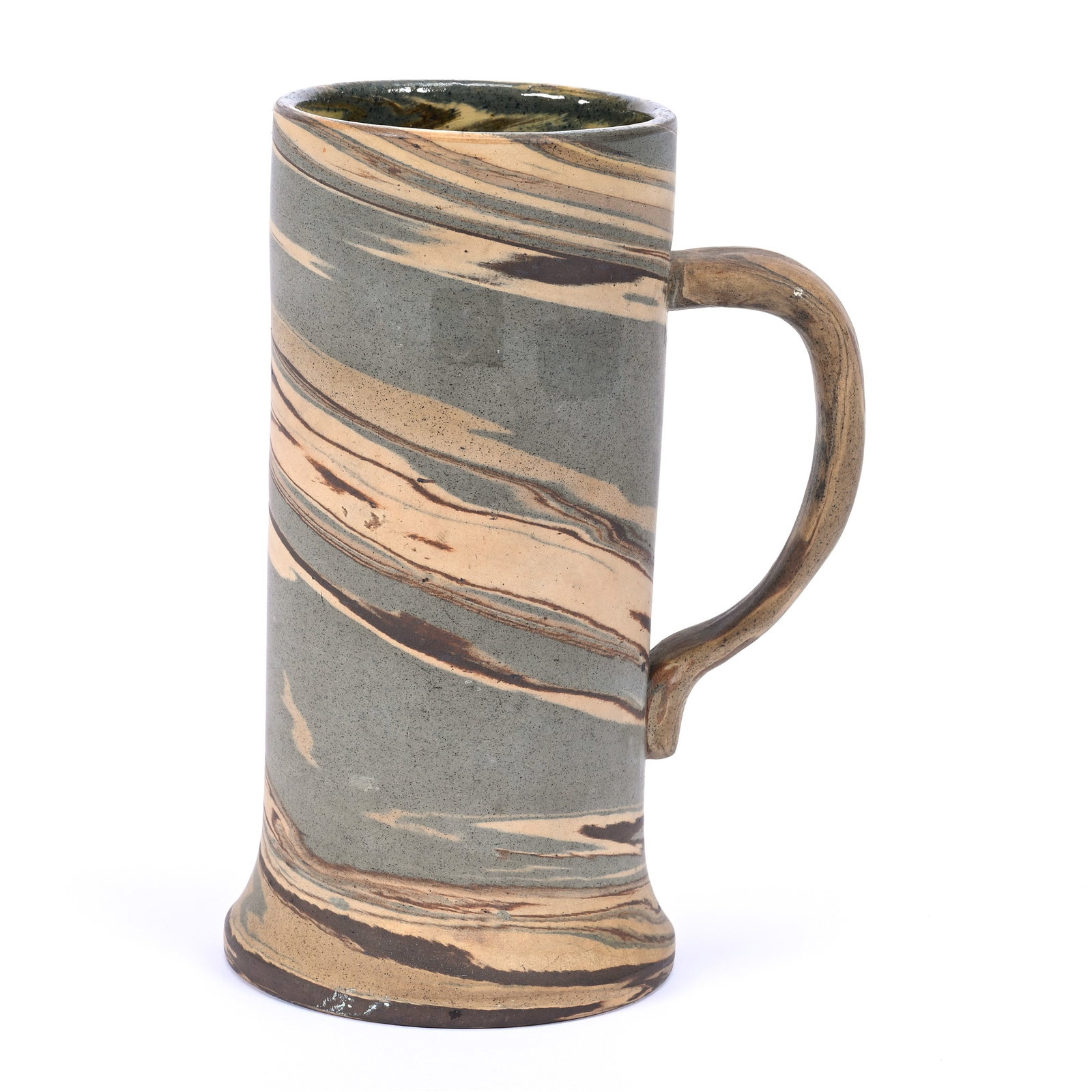 Stein/Mug, Niloak Pottery First Art Mark, Mission Swirl: Stein/Mug, Niloak Pottery First Art Mark, Mission Swirl, 7.5" x 5" x 4", Good Applied Handle, Dr. Jim & Janet Muse Collection, Oklahoma.
