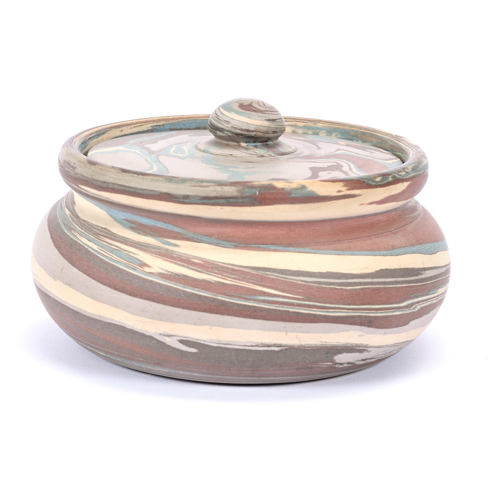 Round Covered Jar, Niloak Pottery Second Art Mark, Partial Original Blue Label (1 of 4)