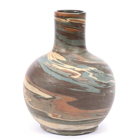 Water Bottle, Niloak Pottery First Art Mark, Original Blue Paper Label, Mission Swirl