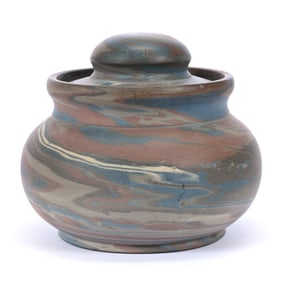 Humidor, Niloak Pottery First Art Mark, Mission Swirl, Sponge Holder Lid