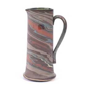 Pitcher, Niloak Pottery Second Art Mark, Mission Swirl, Original Blue Paper Label