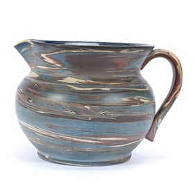 Squat Pitcher, Niloak Pottery First Art Mark, Mission Swirl