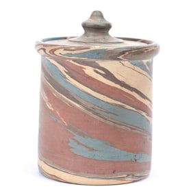Covered Jar, Niloak Pottery Second Art Mark, Mission Swirl