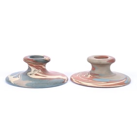 Pair Candlesticks, Niloak Pottery Second Art Mark, Mission Swirl